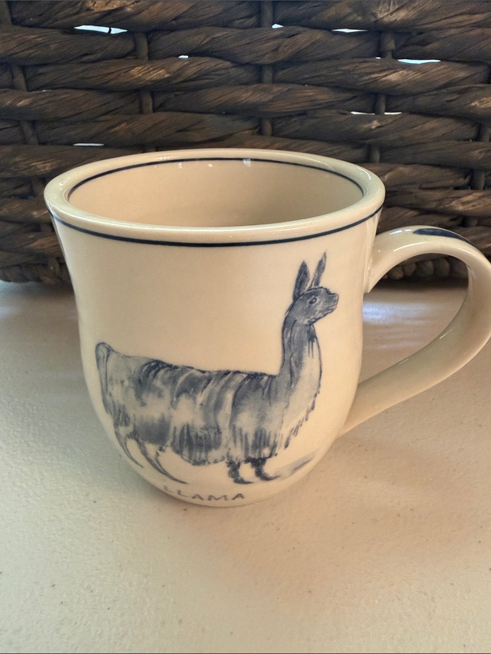 Anthropologie Molly Hatch Cream Ceramic Llama Coffee Mug with Blue Illustration